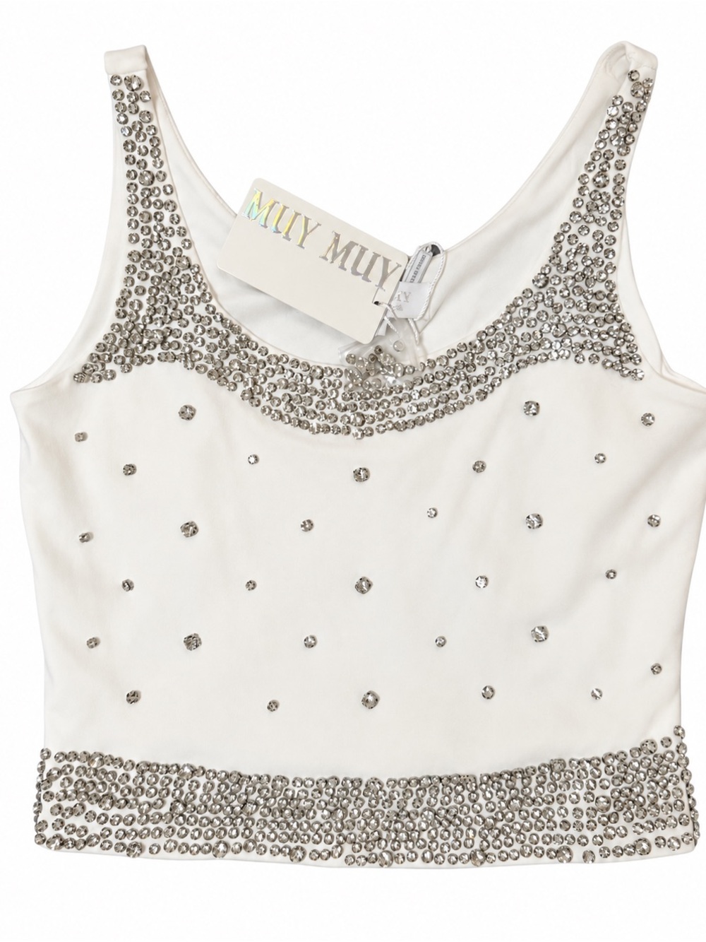 MUY MUY White Embellished Crystal Crop Tank